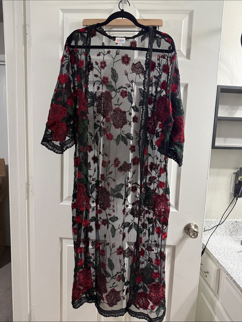 Sheer Embroidered Floral Long Kimono Robe - Black with Red Floral